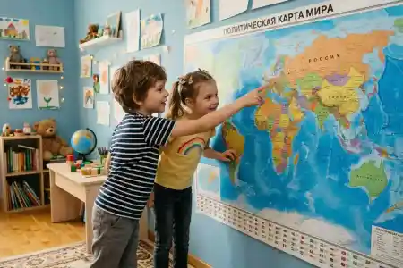 Настенная политическая карта мира — незаменимый элемент детской комнаты